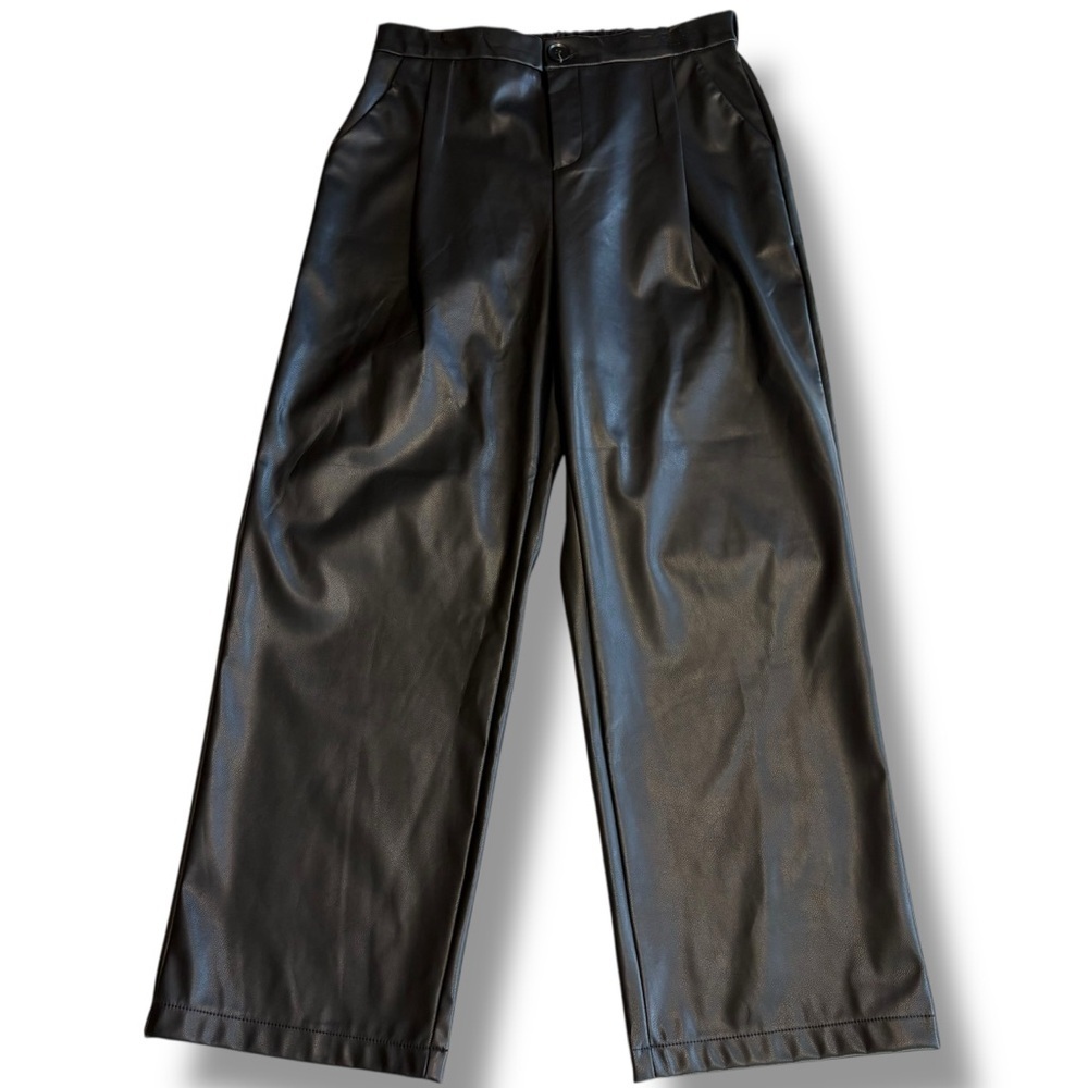 Zenana Hey Honey Black Faux Leather Wide Leg Pants XL Pull On High Rise